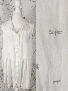 Solitaire White Silver Dragonfly Print Button Front Tunic Tank